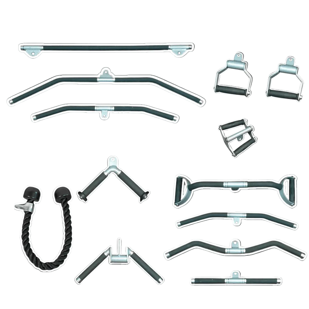 Muscle D Fitness - Complete Cable Attachment Kit #4 - Triceps Rope - Lat Bar - Single Handles - Low Row Bar - Training Bar