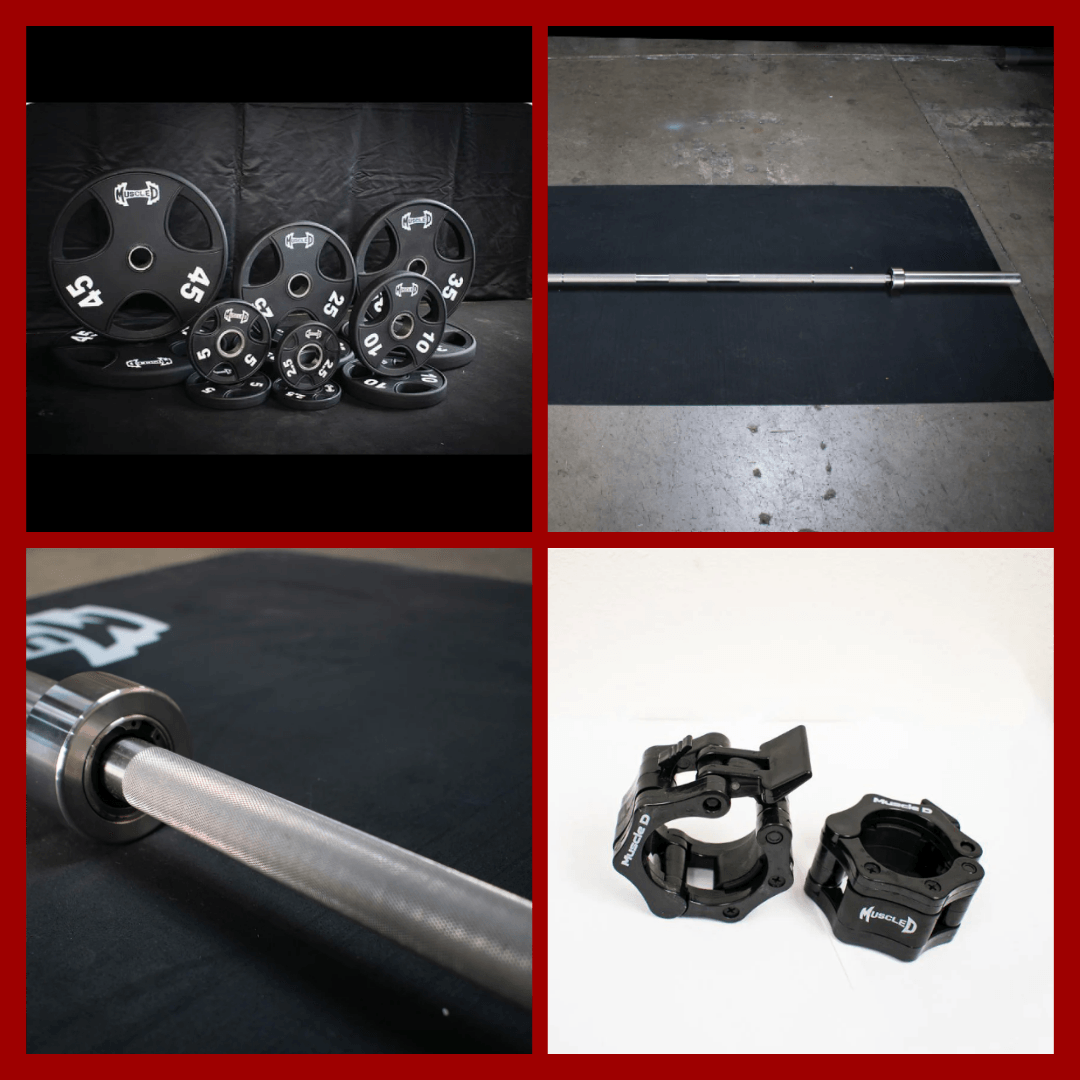 Muscle D Fitness - 7' Stainless Steel Bushing Olympic Bar and Olympic Urethane Weight Plate Sets