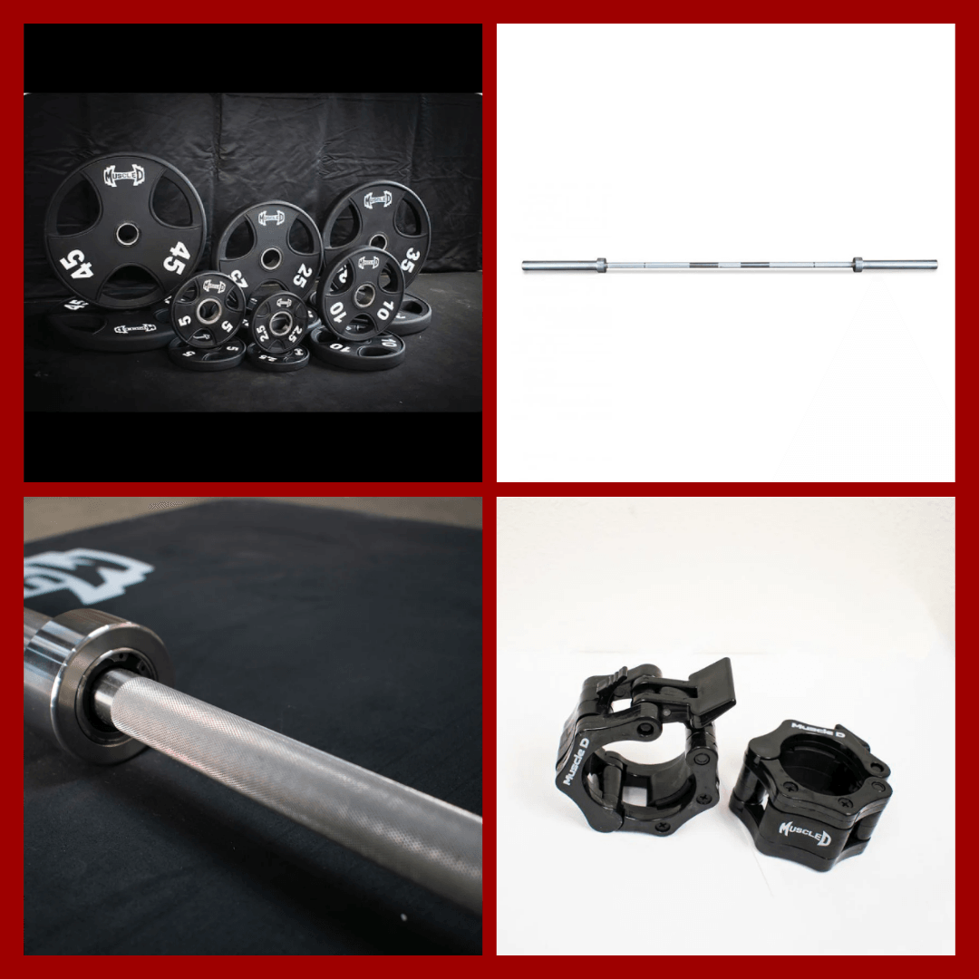 Muscle D Fitness - Hard Chrome Olympic Bar and Olympic Urethane Weight Plate Sets