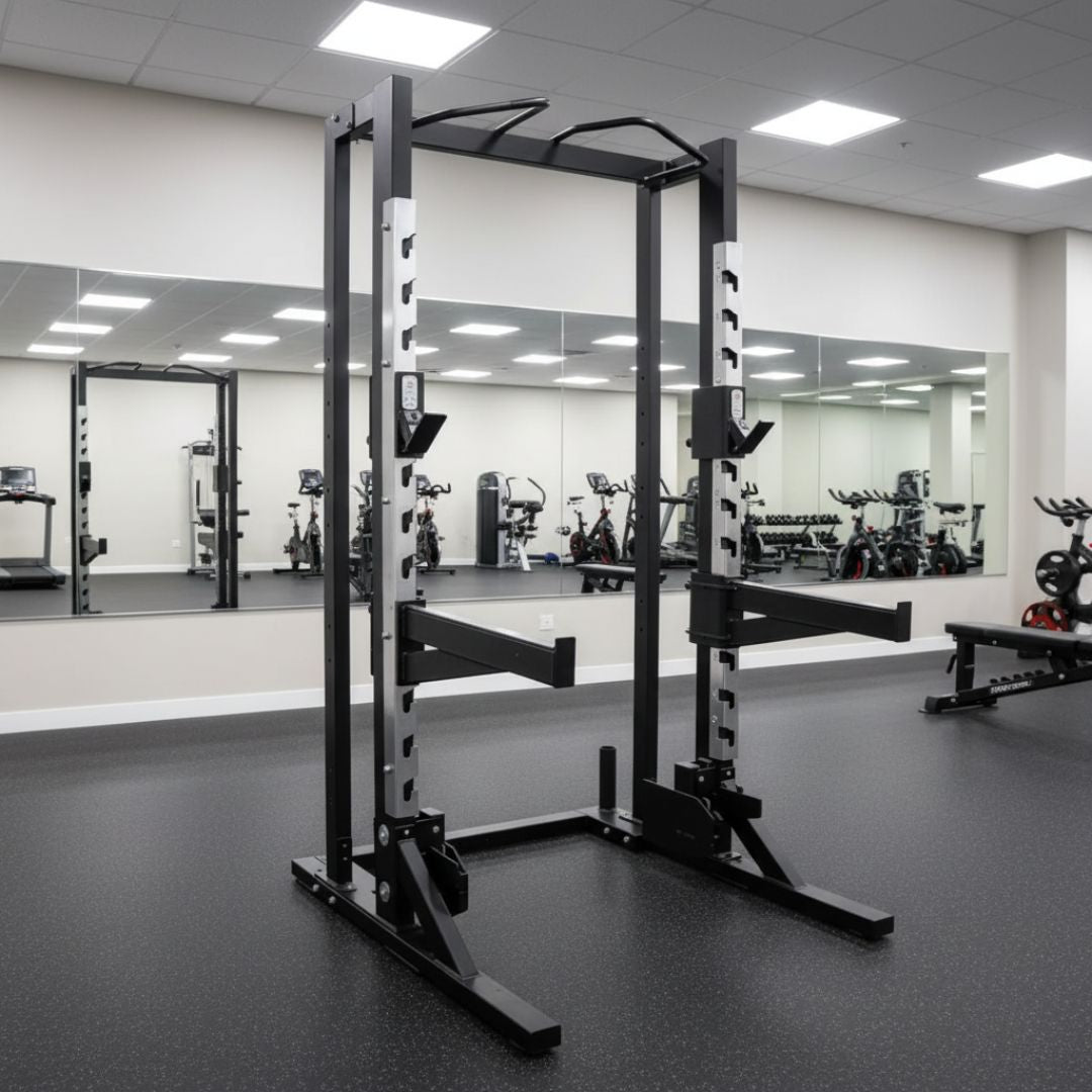 Muscle D Fitness - Deluxe Half Rack - Heavy Duty - Adjustable Safety Bars - Pull Up - Vertical Olympic Bar Storage