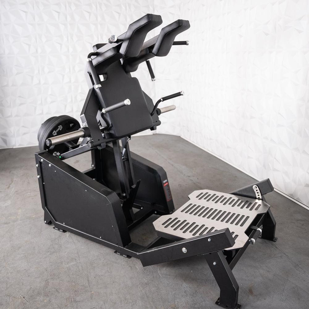 Muscle D Fitness - Excel Glute Line Hack Squat - Front Squat - Plate Load Squat Machine - Counter Balanced - Plate Storage Pegs