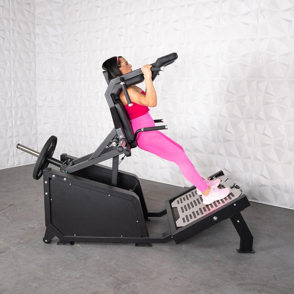 Muscle D Fitness - Excel Glute Line Hack Squat - Front Squat - Plate Load Squat Machine - Counter Balanced - Plate Storage Pegs