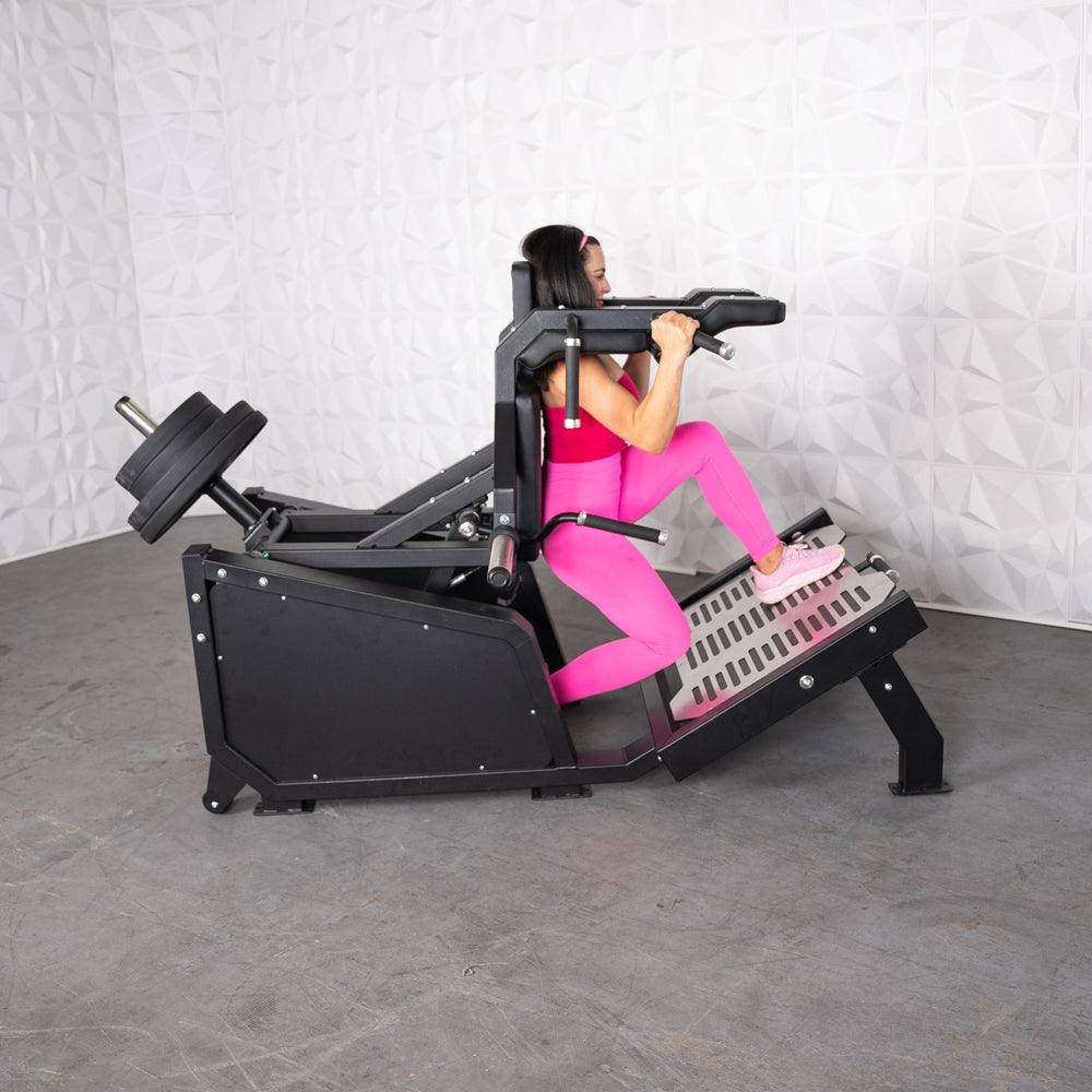 Muscle D Fitness - Excel Glute Line Hack Squat - Front Squat - Plate Load Squat Machine - Counter Balanced - Plate Storage Pegs