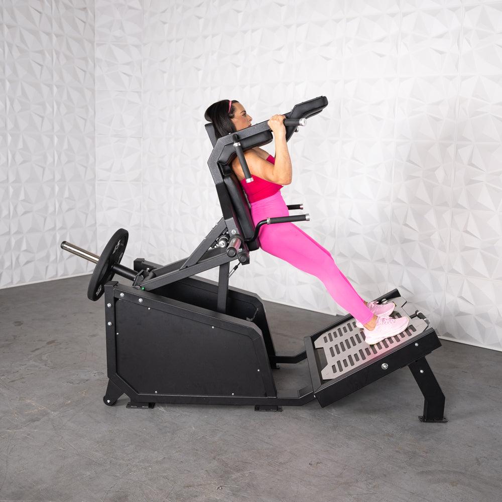 Muscle D Fitness - Excel Glute Line Hack Squat - Front Squat - Plate Load Squat Machine - Counter Balanced - Plate Storage Pegs