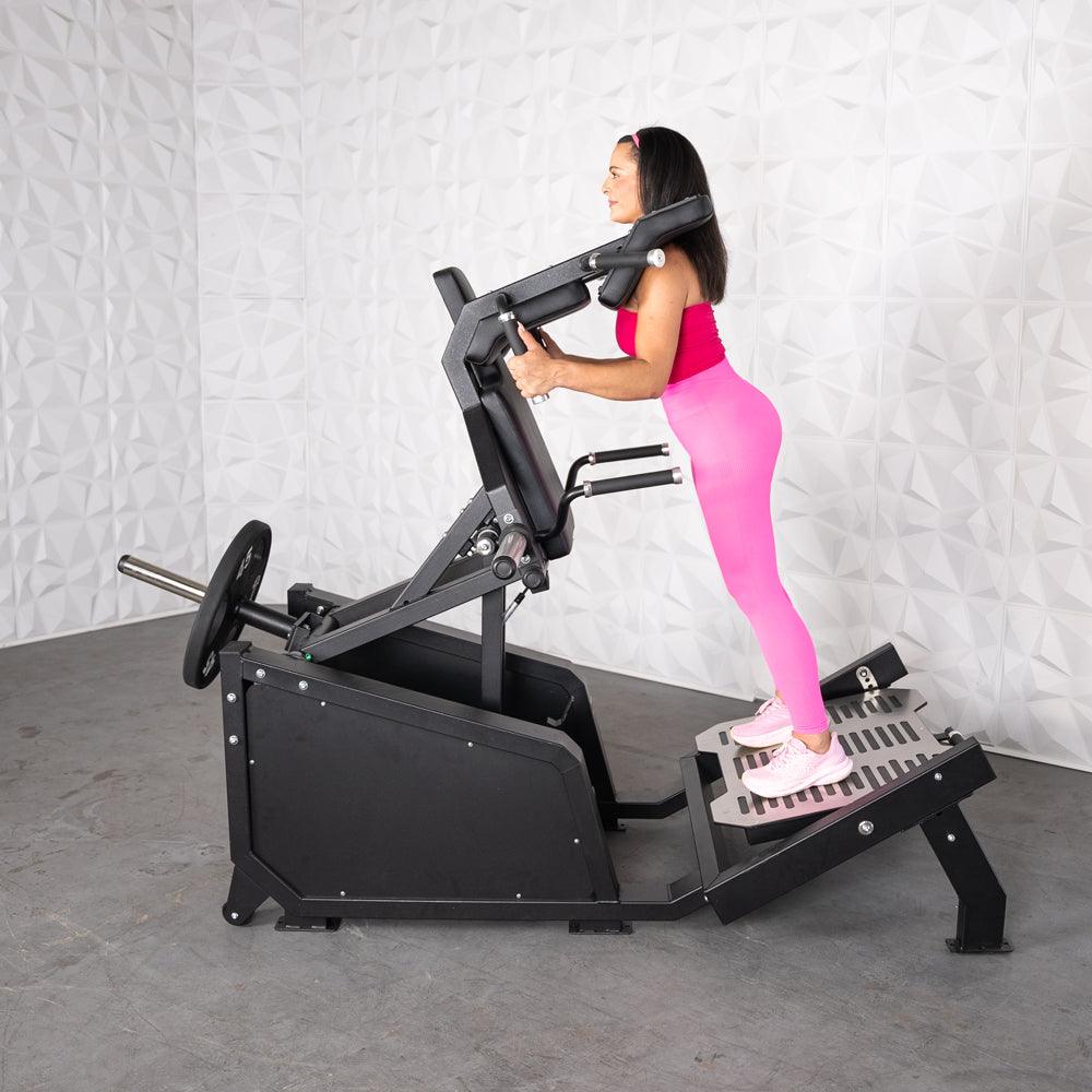 Muscle D Fitness - Excel Glute Line Hack Squat - Front Squat - Plate Load Squat Machine - Counter Balanced - Plate Storage Pegs