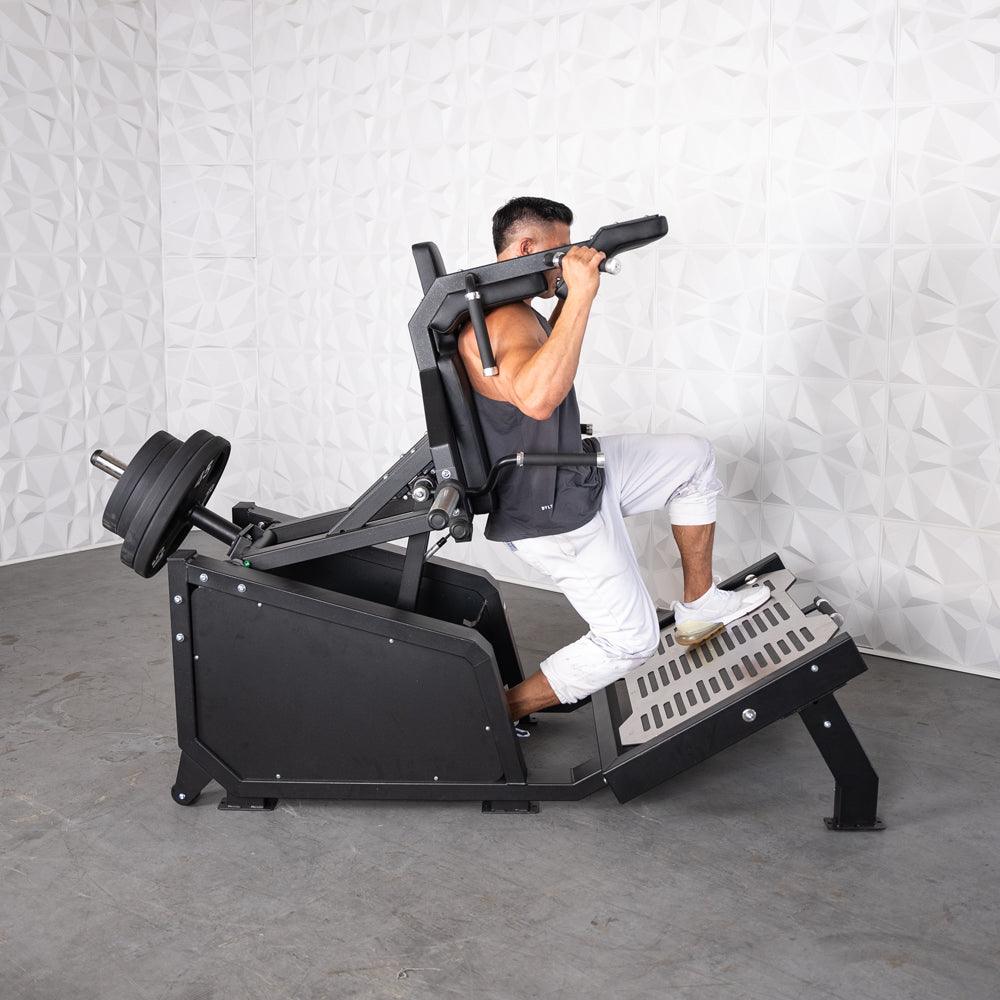 Muscle D Fitness - Excel Glute Line Hack Squat - Front Squat - Plate Load Squat Machine - Counter Balanced - Plate Storage Pegs