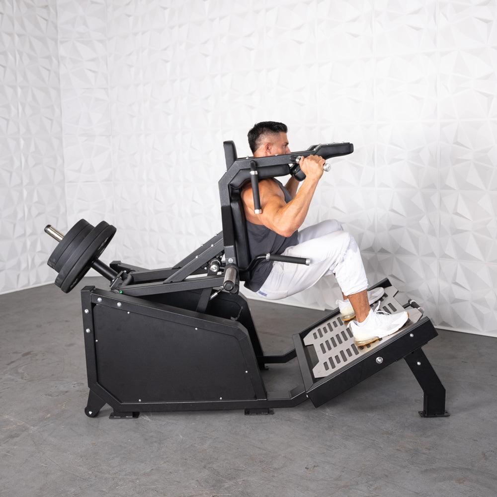 Muscle D Fitness - Excel Glute Line Hack Squat - Front Squat - Plate Load Squat Machine - Counter Balanced - Plate Storage Pegs