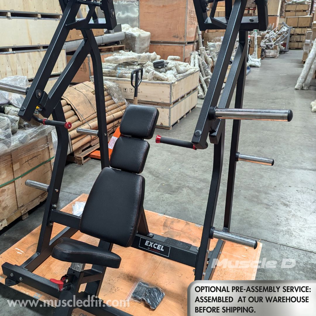 Muscle D Fitness - Excel Iso-Lateral Shoulder Press - Plate Load Military Press - Gas Shock Assisted Seat Adjustment - Weight Storage Pegs