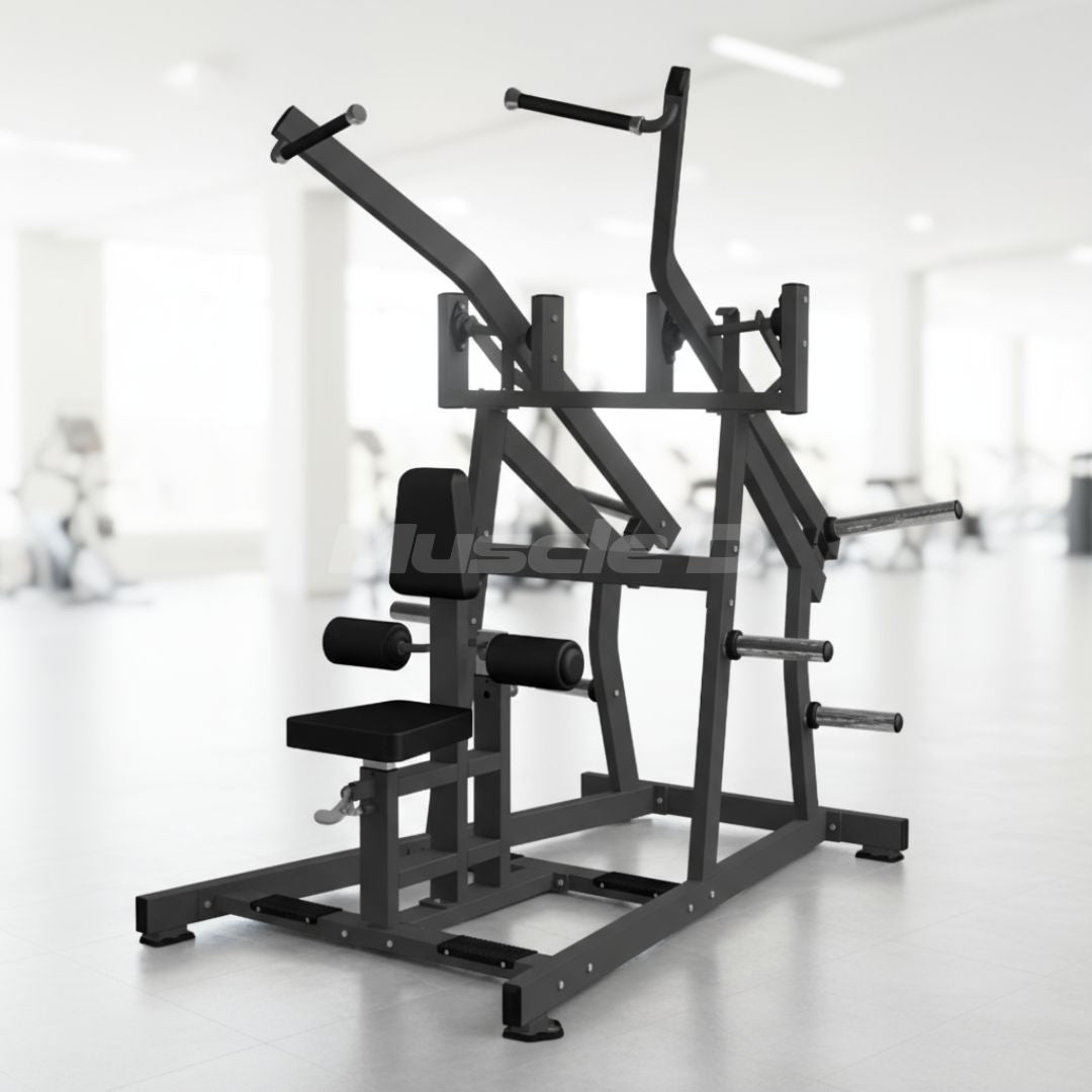 Muscle D Fitness - Excel Iso-Lateral Wide Pulldown - Plate Load Lat Pulldown - Piston Assisted Seat Adjustment - Plate Storage Pegs