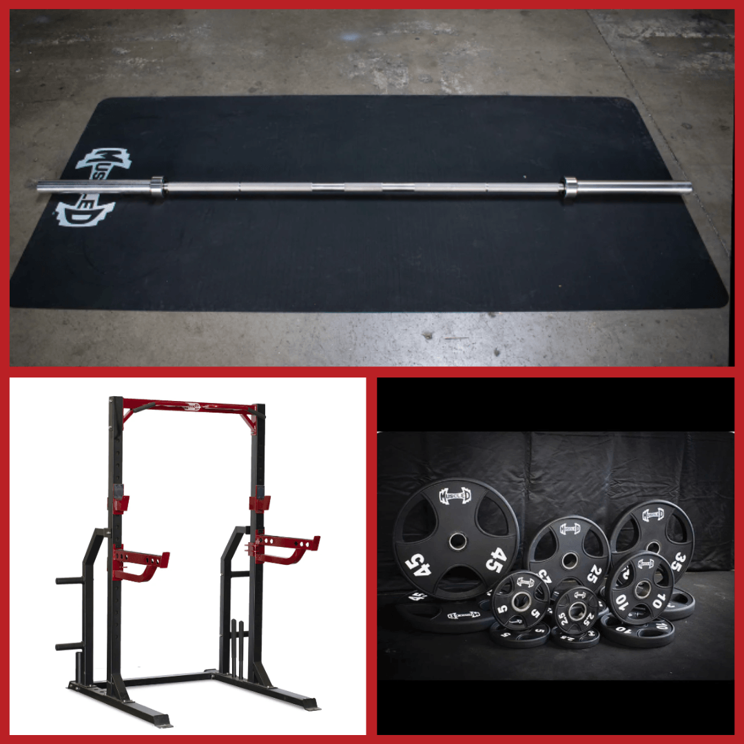 Muscle D Fitness - Compact Half Cage Complete Weight Kit - Storage Squat Rack Adjustable - Dip Handles