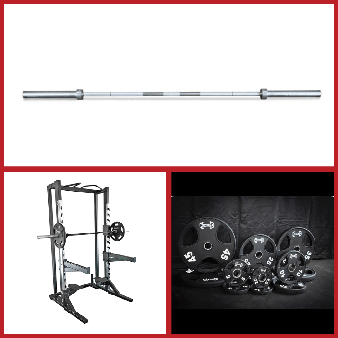 Muscle D Fitness - Deluxe Half Rack Complete Weight Set - Heavy Duty - Adjustable Safety Bars - Pull Up - Vertical Olympic Bar Storage