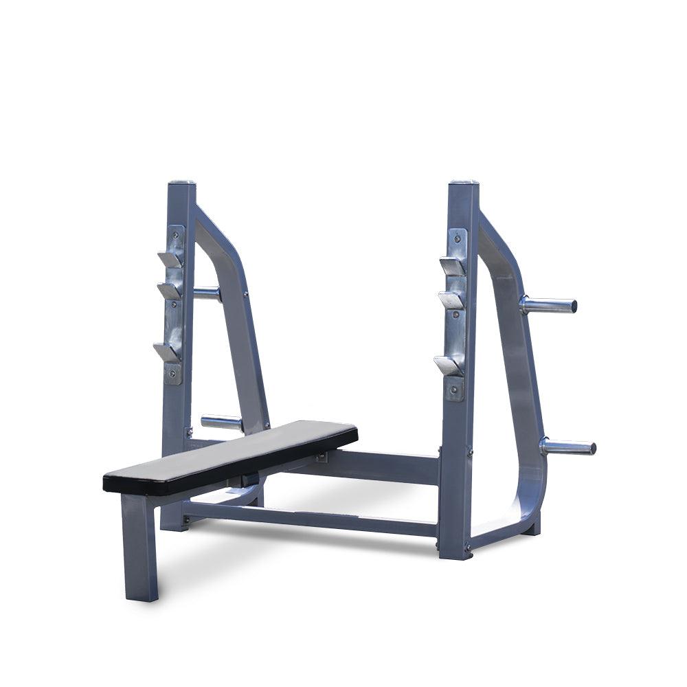 Muscle D Fitness - Olympic Flat Bench - 11 Gauge Steel - Commercial Upholstery - Weight Storage Pegs
