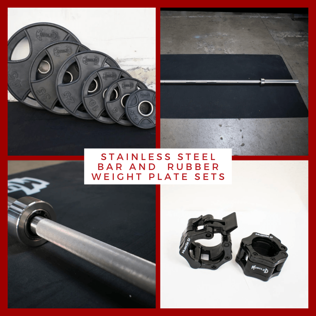 Muscle D Fitness - Stainless Bushing Bar and Olympic Rubber Weight Plate Sets