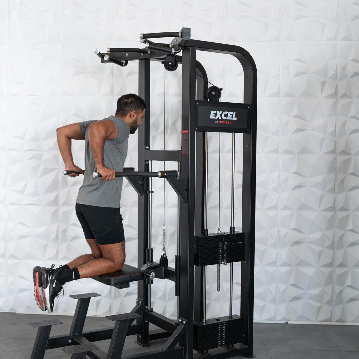 Muscle D Fitness - Excel Selectorized Assisted Chin / Dip Combo - Functional Handles - Collapsable Knee Pad - Adjustable Width Dip Bars