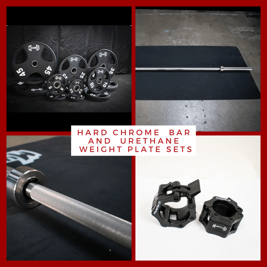 Muscle D Fitness - 7' Stainless Steel Bushing Olympic Bar and Olympic Urethane Weight Plate Sets