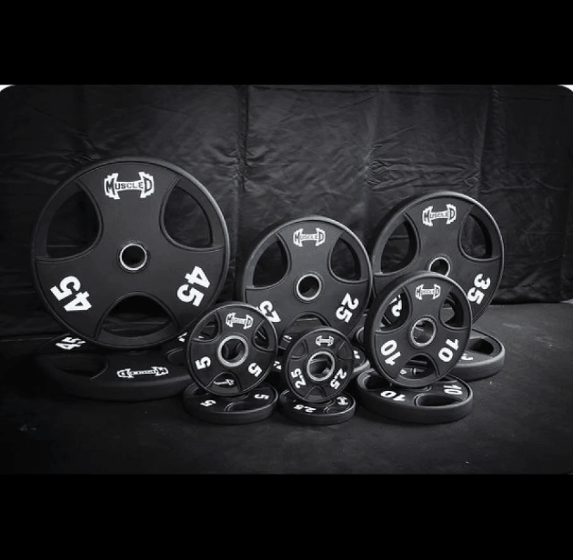 Muscle D Fitness - 7' Stainless Steel Bushing Olympic Bar and Olympic Urethane Weight Plate Sets