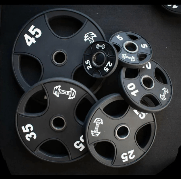 Muscle D Fitness - Hard Chrome Olympic Bar and Olympic Urethane Weight Plate Sets