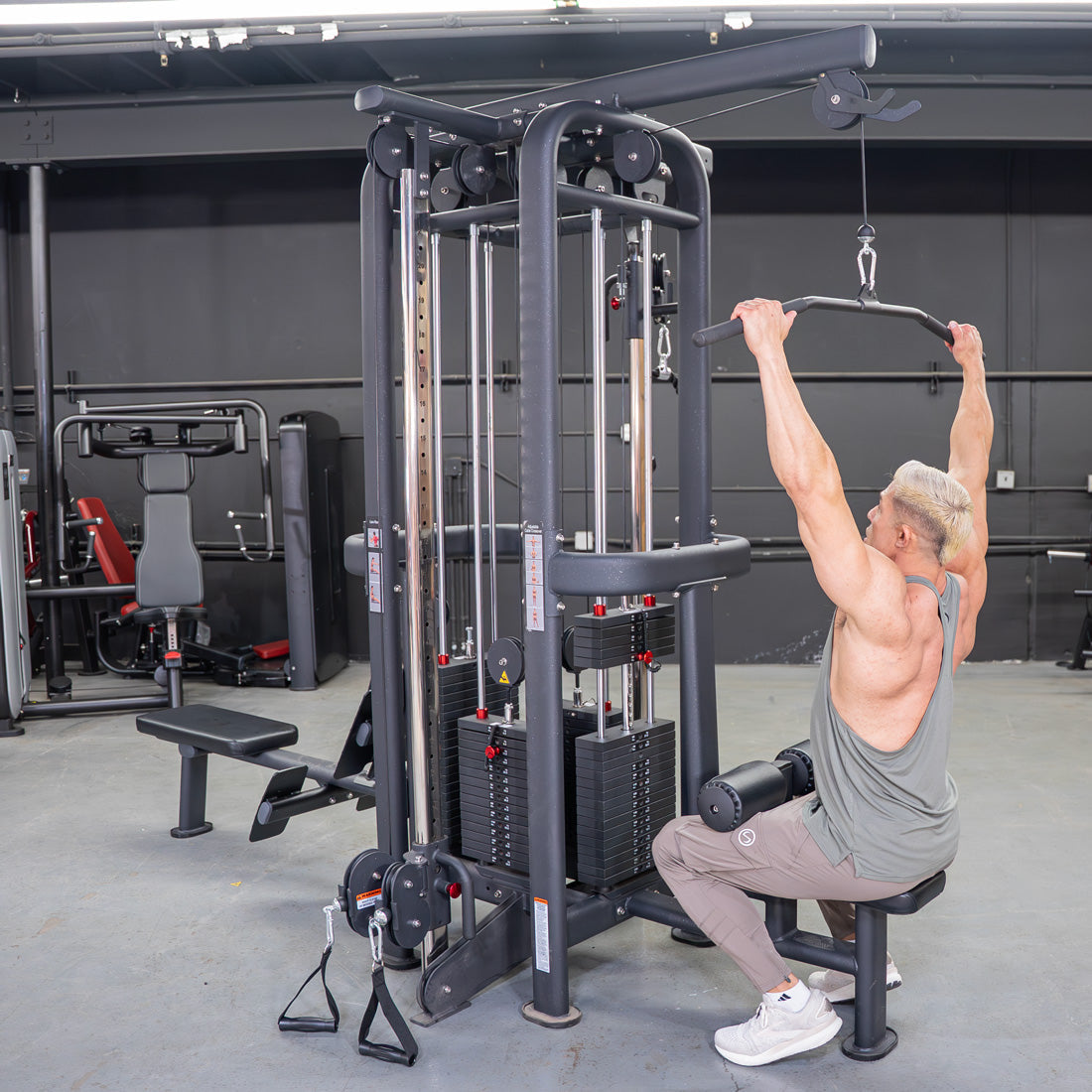 Muscle D Fitness - 4 Stack Megatron Standard Jungle Gym - 2 Colors - Low Row, Lat Pulldown, Single Handle Hi/low Pulley, Double Hi/Low Pulley