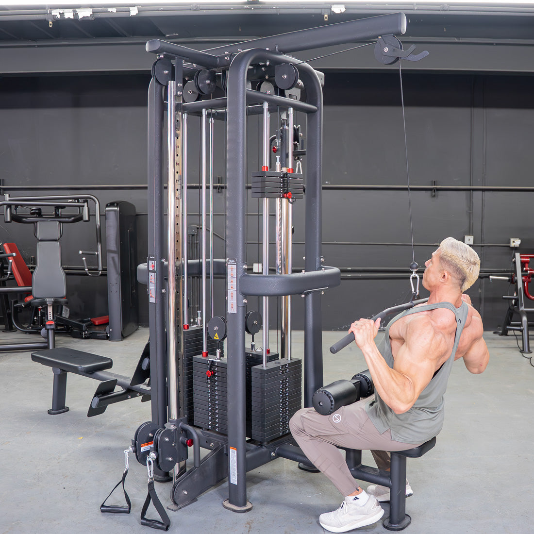 Muscle D Fitness - 4 Stack Megatron Standard Jungle Gym - 2 Colors - Low Row, Lat Pulldown, Single Handle Hi/low Pulley, Double Hi/Low Pulley