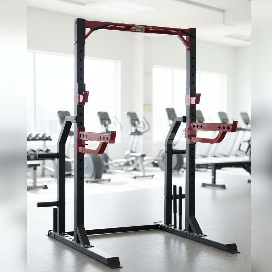 Muscle D Fitness - Compact Half Cage - Bar & Plate Storage and Dip Station Included