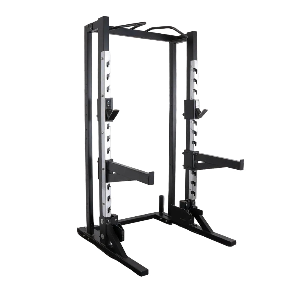 Muscle D Fitness - Deluxe Half Rack - Heavy Duty - Adjustable Safety Bars - Pull Up - Vertical Olympic Bar Storage