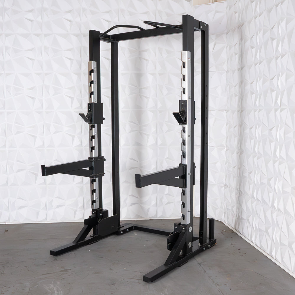 Muscle D Fitness - Deluxe Half Rack - Heavy Duty - Adjustable Safety Bars - Pull Up - Vertical Olympic Bar Storage