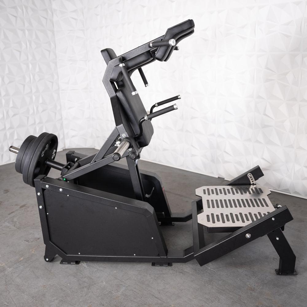 Muscle D Fitness - Excel Glute Line Hack Squat - Front Squat - Plate Load Squat Machine - Counter Balanced - Plate Storage Pegs