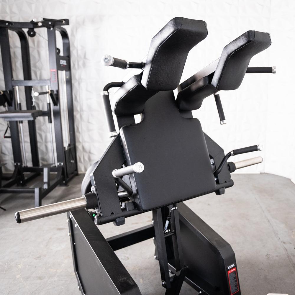 Muscle D Fitness - Excel Glute Line Hack Squat - Front Squat - Plate Load Squat Machine - Counter Balanced - Plate Storage Pegs