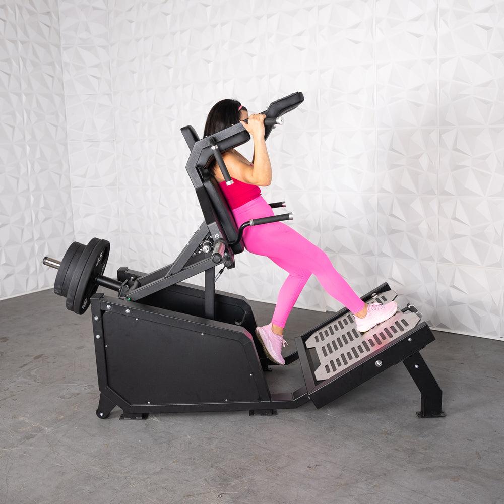 Muscle D Fitness - Excel Glute Line Hack Squat - Front Squat - Plate Load Squat Machine - Counter Balanced - Plate Storage Pegs