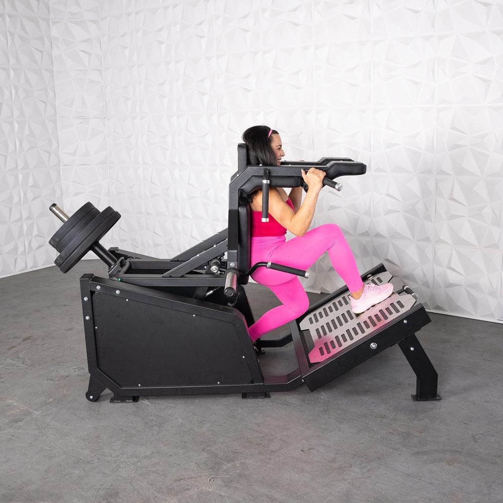 Muscle D Fitness - Excel Glute Line Hack Squat - Front Squat - Plate Load Squat Machine - Counter Balanced - Plate Storage Pegs