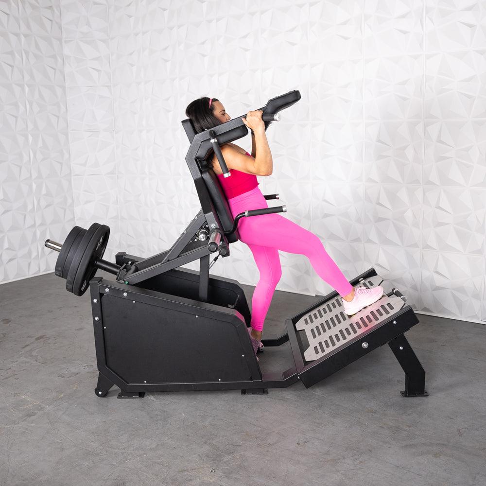 Muscle D Fitness - Excel Glute Line Hack Squat - Front Squat - Plate Load Squat Machine - Counter Balanced - Plate Storage Pegs