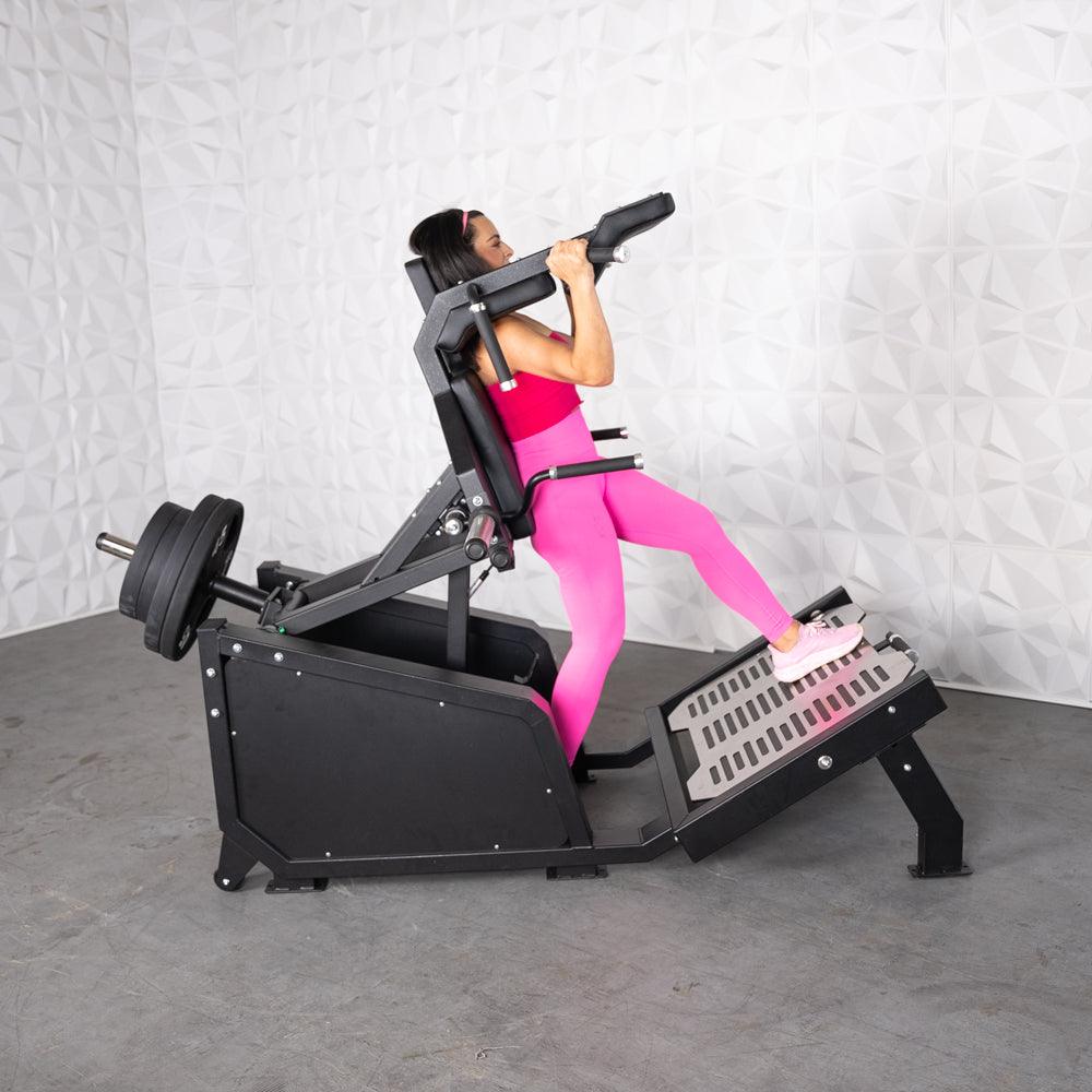 Muscle D Fitness - Excel Glute Line Hack Squat - Front Squat - Plate Load Squat Machine - Counter Balanced - Plate Storage Pegs