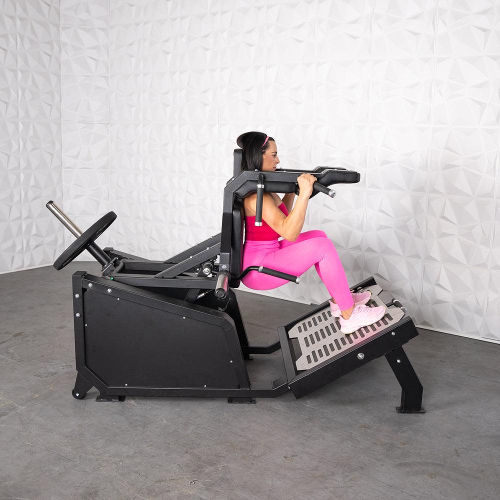 Muscle D Fitness - Excel Glute Line Hack Squat - Front Squat - Plate Load Squat Machine - Counter Balanced - Plate Storage Pegs