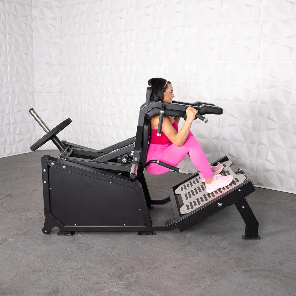 Muscle D Fitness - Excel Glute Line Hack Squat - Front Squat - Plate Load Squat Machine - Counter Balanced - Plate Storage Pegs