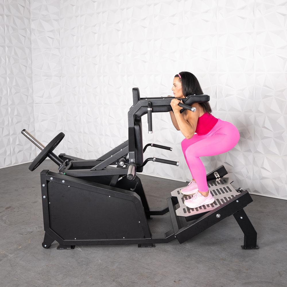 Muscle D Fitness - Excel Glute Line Hack Squat - Front Squat - Plate Load Squat Machine - Counter Balanced - Plate Storage Pegs