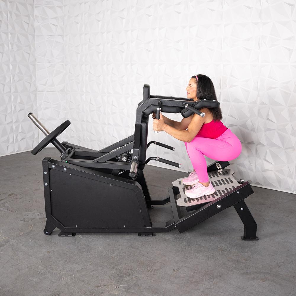 Muscle D Fitness - Excel Glute Line Hack Squat - Front Squat - Plate Load Squat Machine - Counter Balanced - Plate Storage Pegs