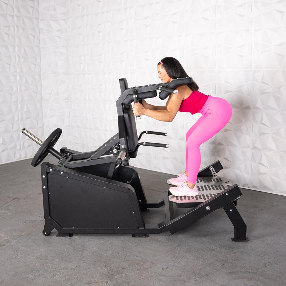 Muscle D Fitness - Excel Glute Line Hack Squat - Front Squat - Plate Load Squat Machine - Counter Balanced - Plate Storage Pegs