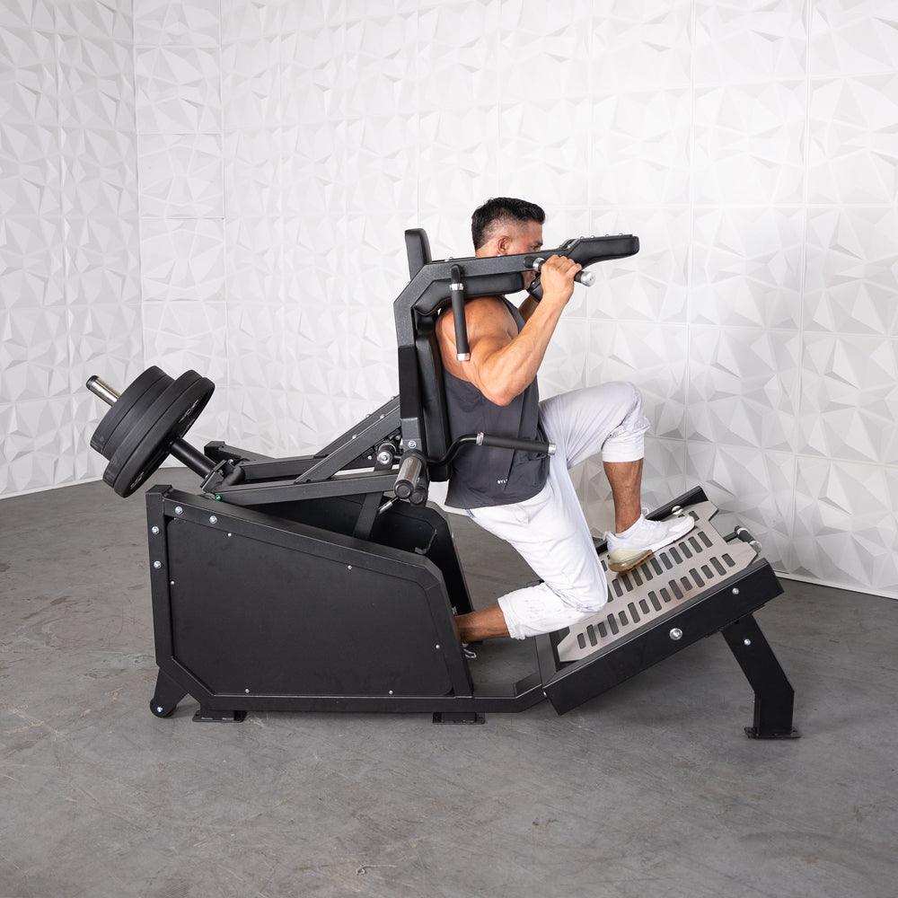 Muscle D Fitness - Excel Glute Line Hack Squat - Front Squat - Plate Load Squat Machine - Counter Balanced - Plate Storage Pegs