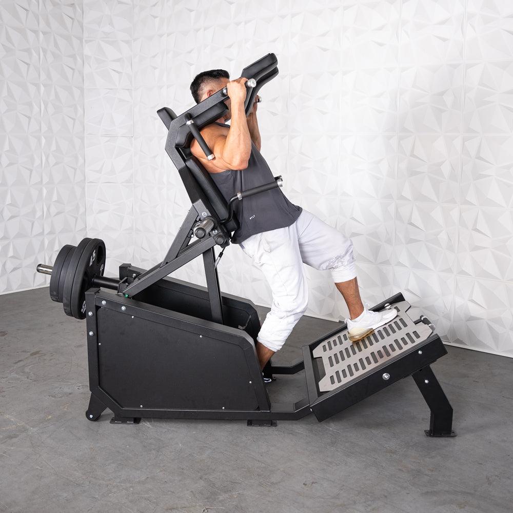 Muscle D Fitness - Excel Glute Line Hack Squat - Front Squat - Plate Load Squat Machine - Counter Balanced - Plate Storage Pegs