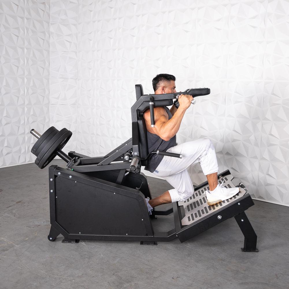 Muscle D Fitness - Excel Glute Line Hack Squat - Front Squat - Plate Load Squat Machine - Counter Balanced - Plate Storage Pegs