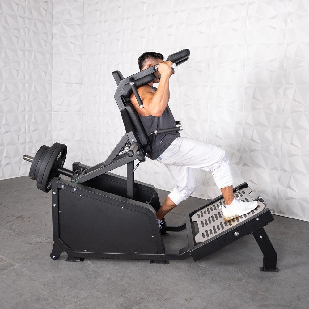 Muscle D Fitness - Excel Glute Line Hack Squat - Front Squat - Plate Load Squat Machine - Counter Balanced - Plate Storage Pegs