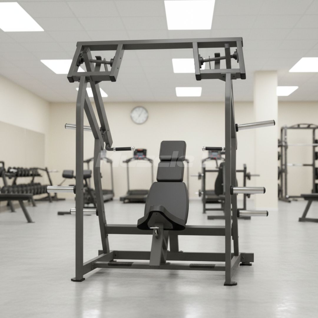 Muscle D Fitness - Excel Iso-Lateral Shoulder Press - Plate Load Military Press - Gas Shock Assisted Seat Adjustment - Weight Storage Pegs