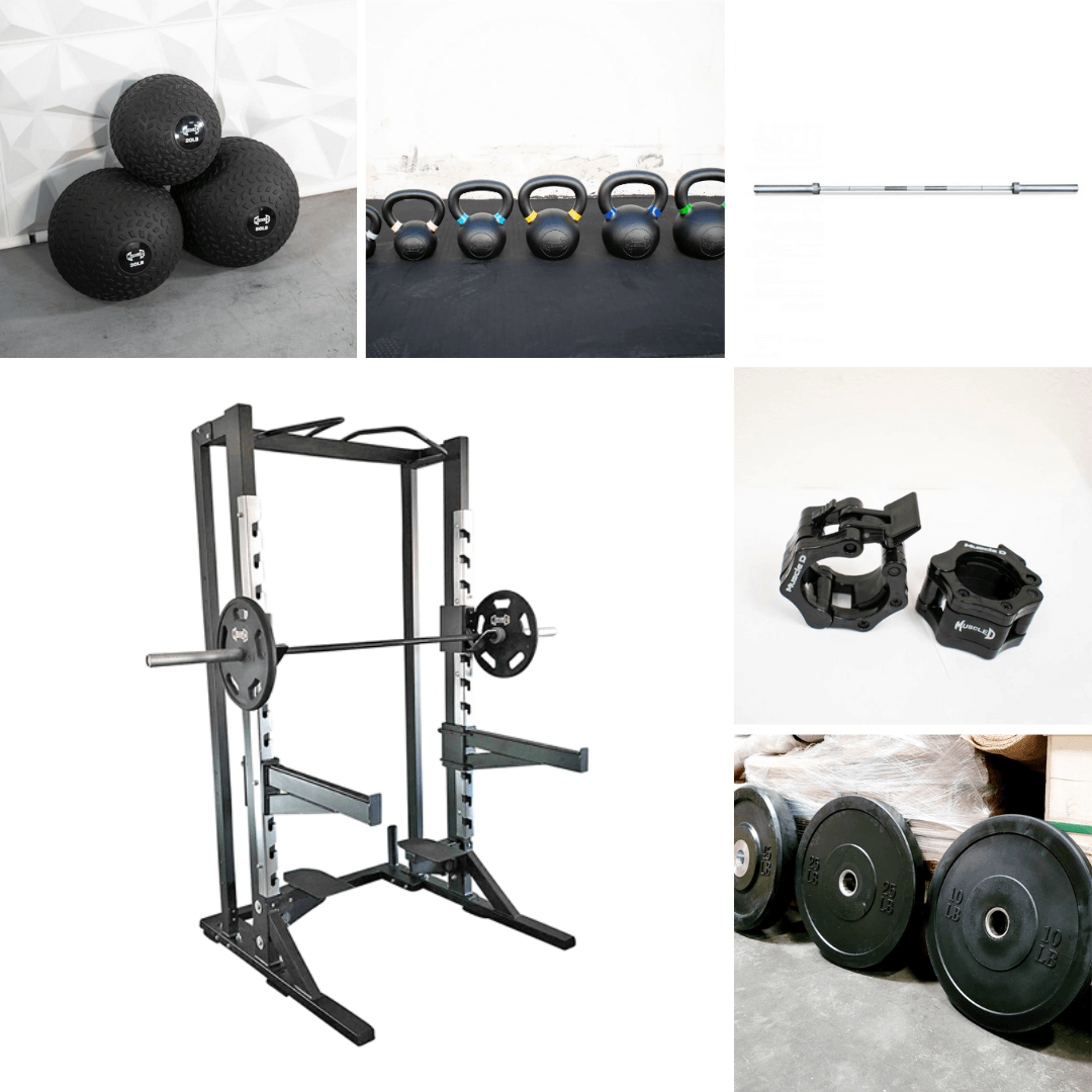 Muscle D Fitness - Deluxe Half Rack Complete Weight Set - Heavy Duty - Adjustable Safety Bars - Pull Up - Vertical Olympic Bar Storage