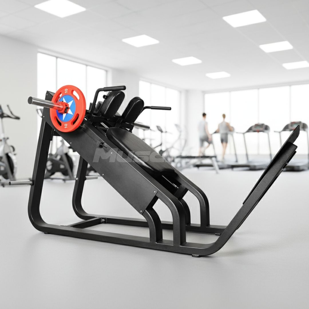 Muscle D Fitness - Excel Linear Hack Slide - Plate Load Hack Squat - Weight Storage Pegs - Safety Catch