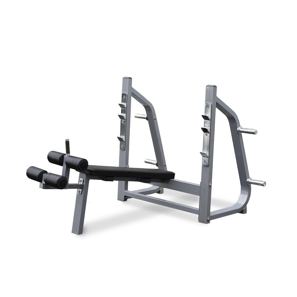 Muscle D Fitness - Olympic Decline Bench - 11 Gauge Steel - Commercial Upholstery - Weight Storage Pegs