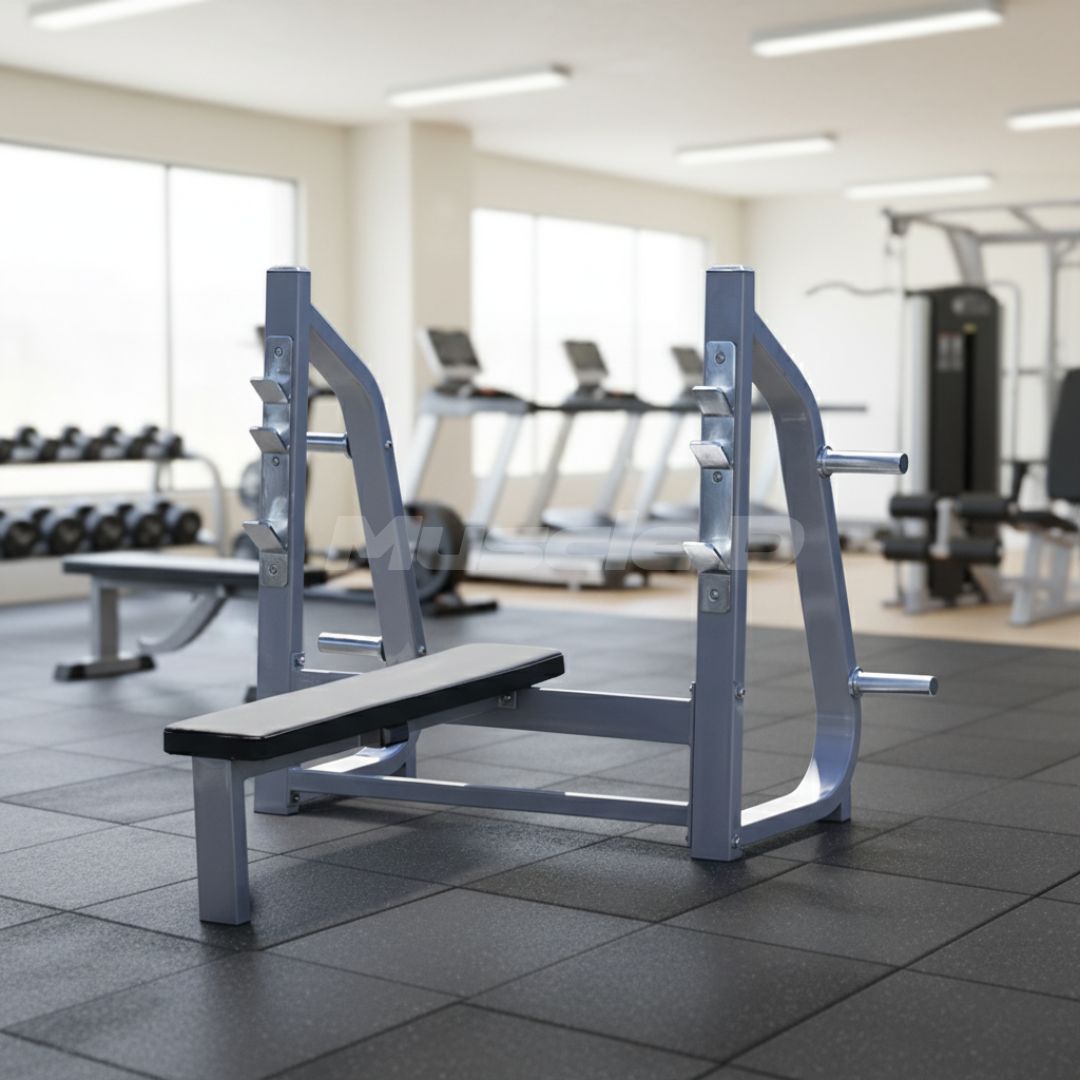 Muscle D Fitness - Olympic Flat Bench - 11 Gauge Steel - Commercial Upholstery - Weight Storage Pegs