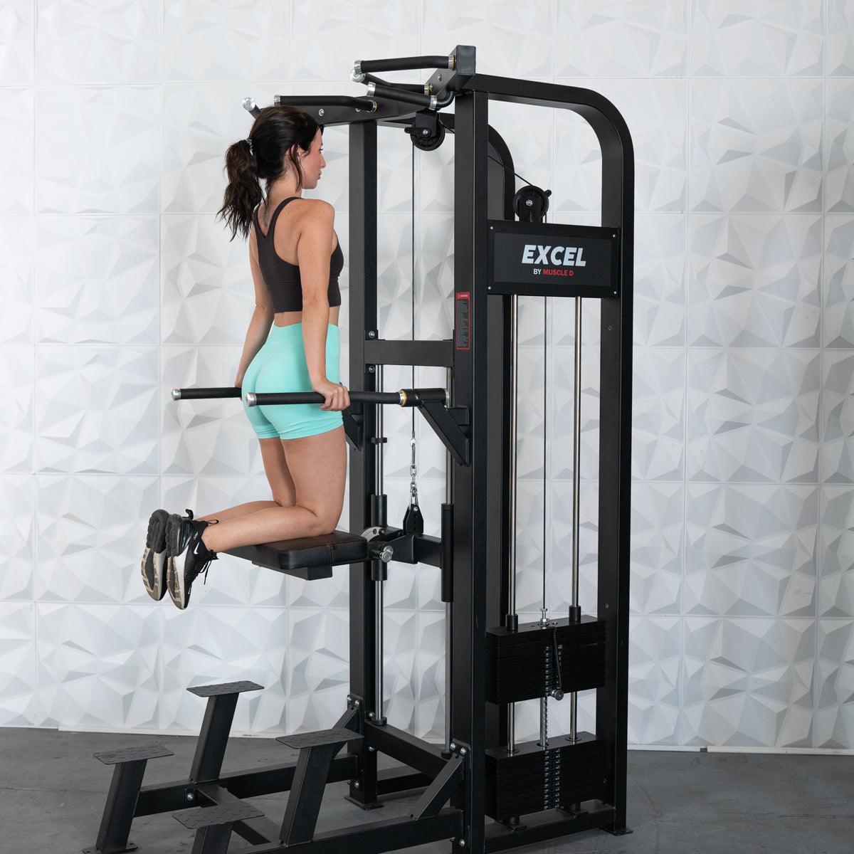 Muscle D Fitness - Excel Selectorized Assisted Chin / Dip Combo - Functional Handles - Collapsable Knee Pad - Adjustable Width Dip Bars