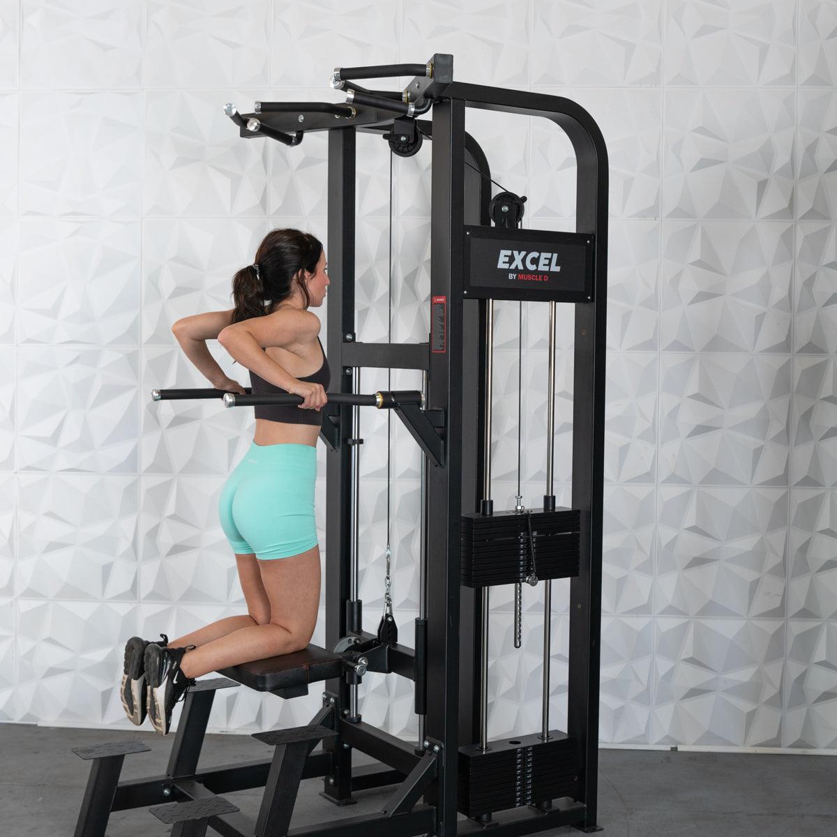 Muscle D Fitness - Excel Selectorized Assisted Chin / Dip Combo - Functional Handles - Collapsable Knee Pad - Adjustable Width Dip Bars