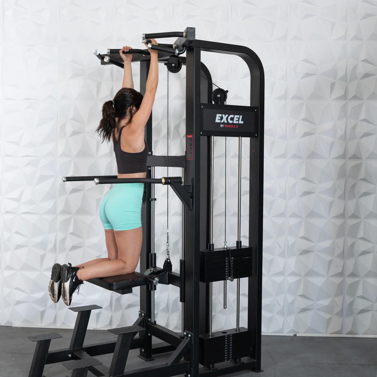 Muscle D Fitness - Excel Selectorized Assisted Chin / Dip Combo - Functional Handles - Collapsable Knee Pad - Adjustable Width Dip Bars