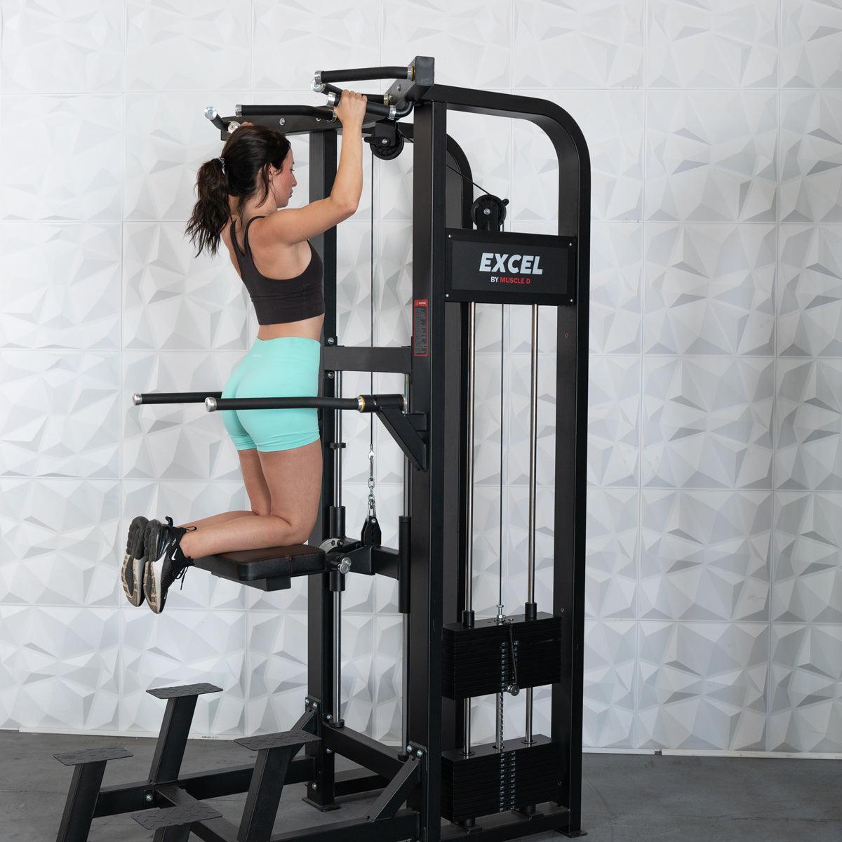 Muscle D Fitness - Excel Selectorized Assisted Chin / Dip Combo - Functional Handles - Collapsable Knee Pad - Adjustable Width Dip Bars